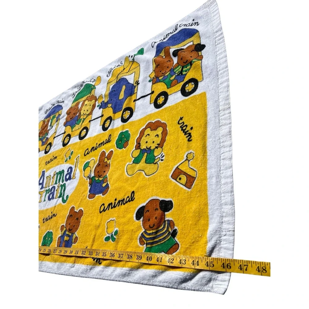 VTG 90s Rare Animal Train Kids Beach Towel Yellow White Cute Friendship Graphic